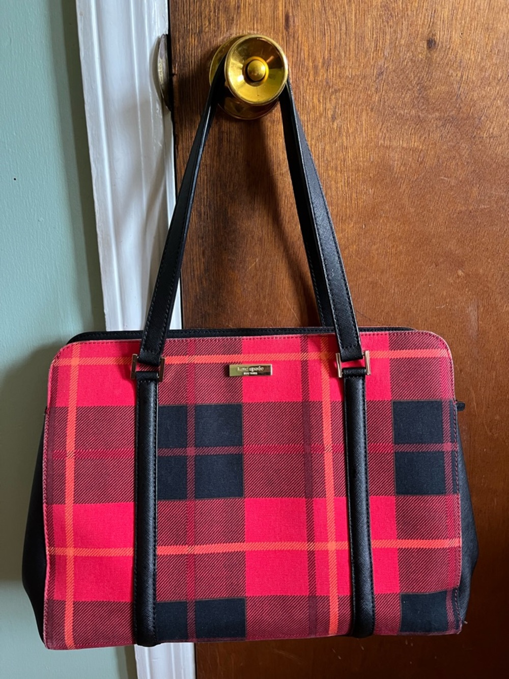 kate spade Red and Black Plaid Tote with Black Straps and matching wallet